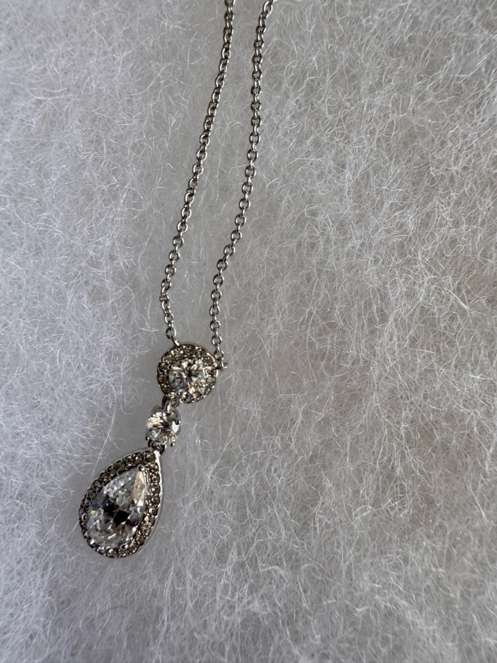 Silver-tone Teardrop Cubic Zirconia Pendant Necklace - White